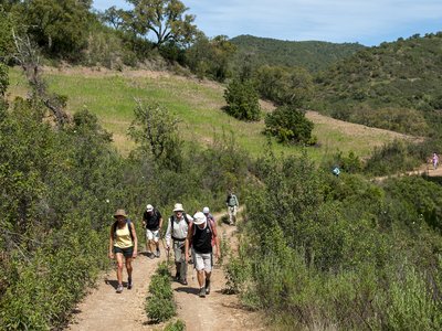 Group of ramble worldwide walkers ascending hill on the Via Algarviana walking route with shrub-covered hills in background, Algarve, Portugal