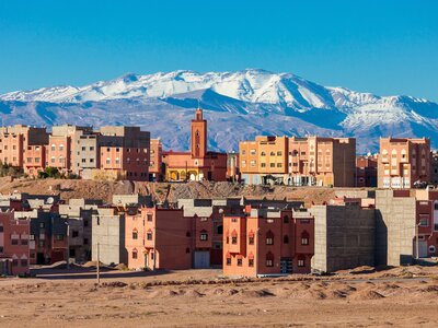 Ouarzazate city with high atlas mountains in background, Morocco