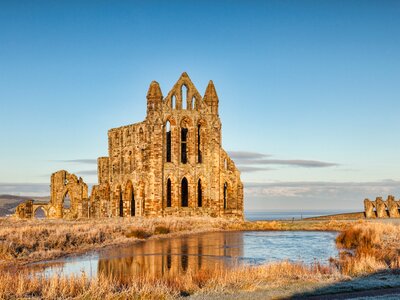 Distant view of Whitby Abbey, North Yorkshire, England, UK, on a sunny winter morning