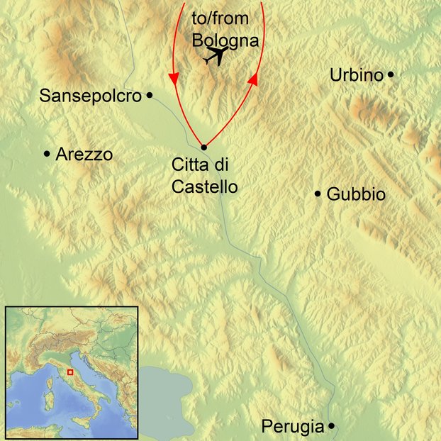 Graphic of Map depicting areas surrounding Umbria in Italy which are featured on itinerary for Ramble Worldwide tour Artistic Umbria