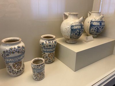 Decorated pottery displayed in museum, Gubbio, Italy