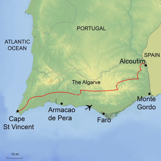 Graphic of map of Portugal and surrounding area based on tour Along the Algarve Way