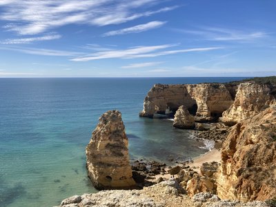 Seaview by coast with cliffs and large rocks, Western Algarve, Portugal