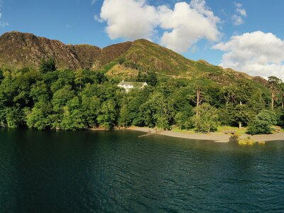 Aerial view of Hassness House on the shore of Buttermere lake, England
