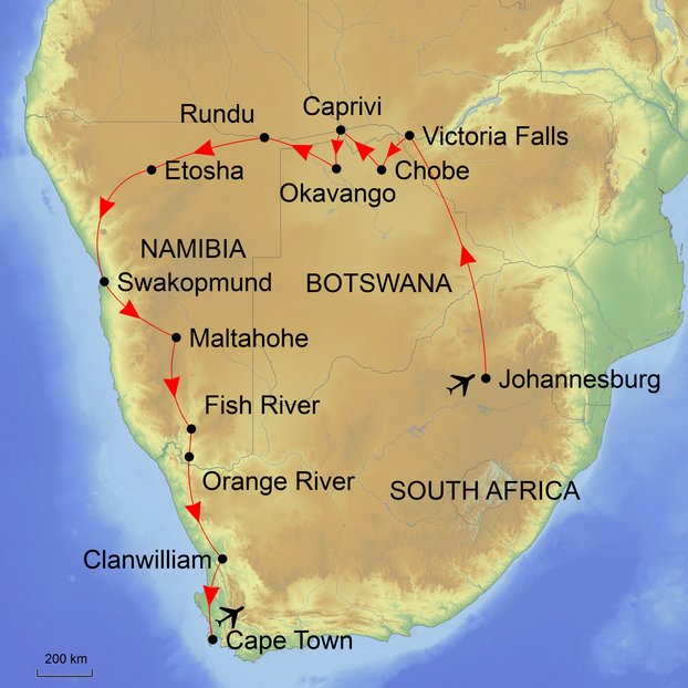 Map graphic of Ramble Worldwide walking holiday An African Journey depicting surrounding area of South Africa