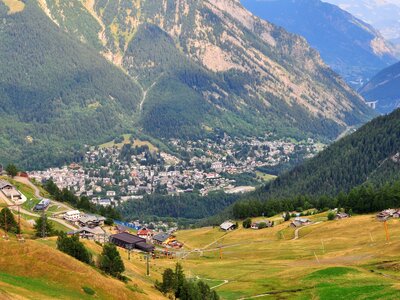 Elevated distant view of Courmayeur town from, Italy