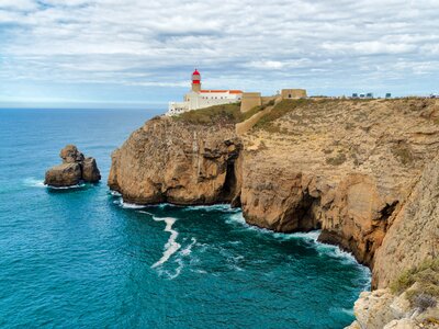 Cliffs and sea leading to Lighthouse Cape of St. Vincent, Algarve, Portugal