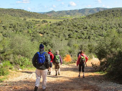 Group descending gravel hill amidst green landscape, Algarve, Portugal