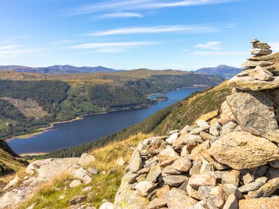 View of Thirlmere from Helvellyn with blue sky in summer day, Lake District, Cumbria