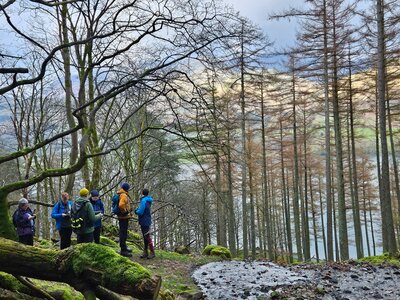 Ramble Worldwide walking group map reading in Burtness Wood, Buttermere, Lake District, Cumbria